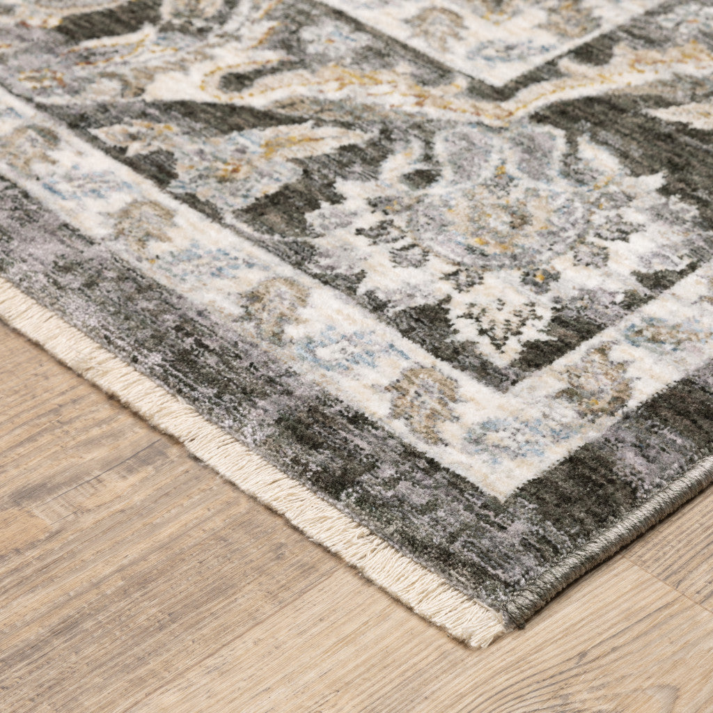 2' X 3' Grey And Ivory Oriental Power Loom Stain Resistant Area Rug With Fringe