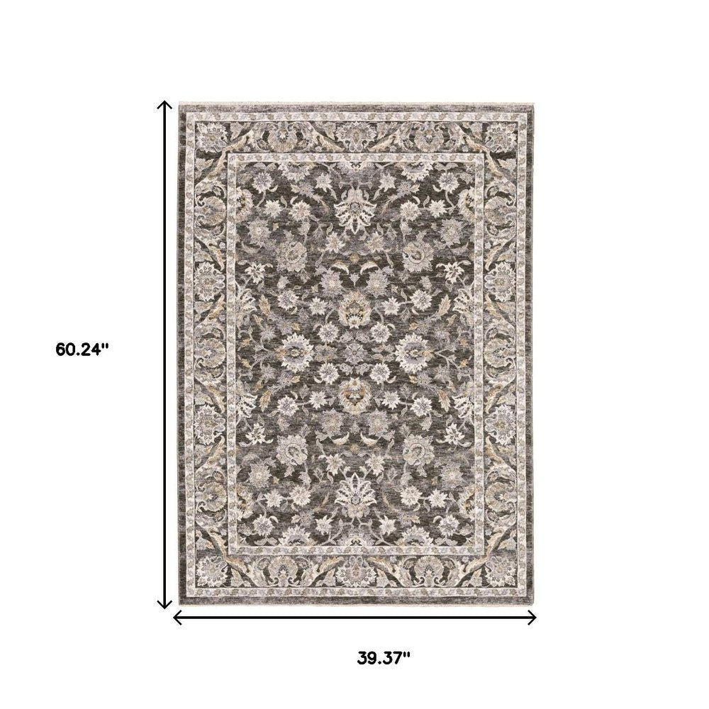 3' X 5' Grey And Ivory Oriental Power Loom Stain Resistant Area Rug With Fringe