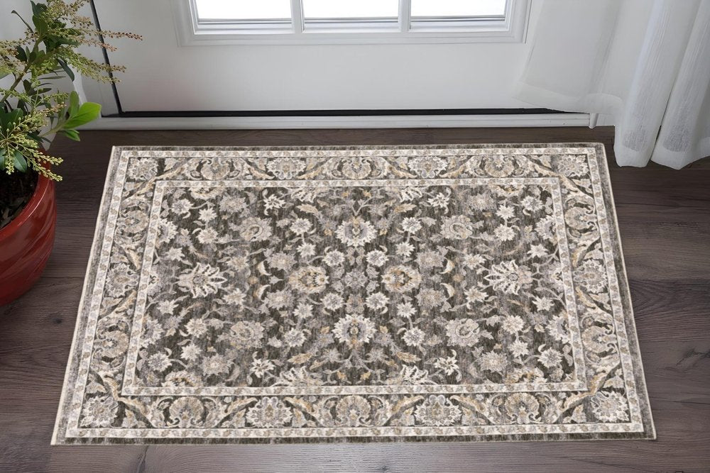 3' X 5' Grey And Ivory Oriental Power Loom Stain Resistant Area Rug With Fringe