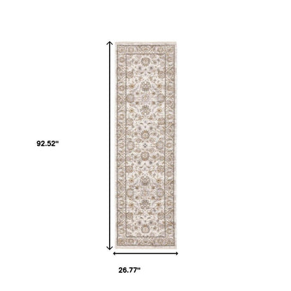 2' X 8' Ivory And Grey Oriental Power Loom Stain Resistant Runner Rug With Fringe