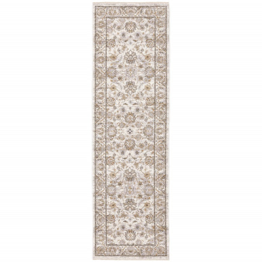 2' X 8' Ivory And Grey Oriental Power Loom Stain Resistant Runner Rug With Fringe