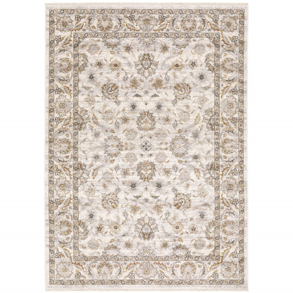 5' X 8' Ivory And Grey Oriental Power Loom Stain Resistant Area Rug With Fringe