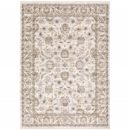 5' X 8' Ivory And Grey Oriental Power Loom Stain Resistant Area Rug With Fringe