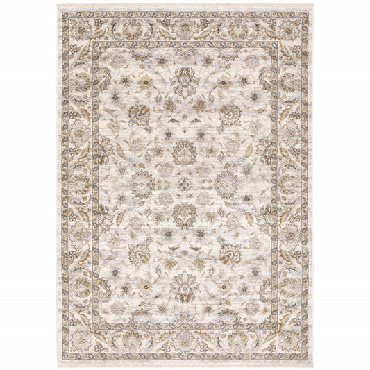5' X 8' Ivory And Grey Oriental Power Loom Stain Resistant Area Rug With Fringe