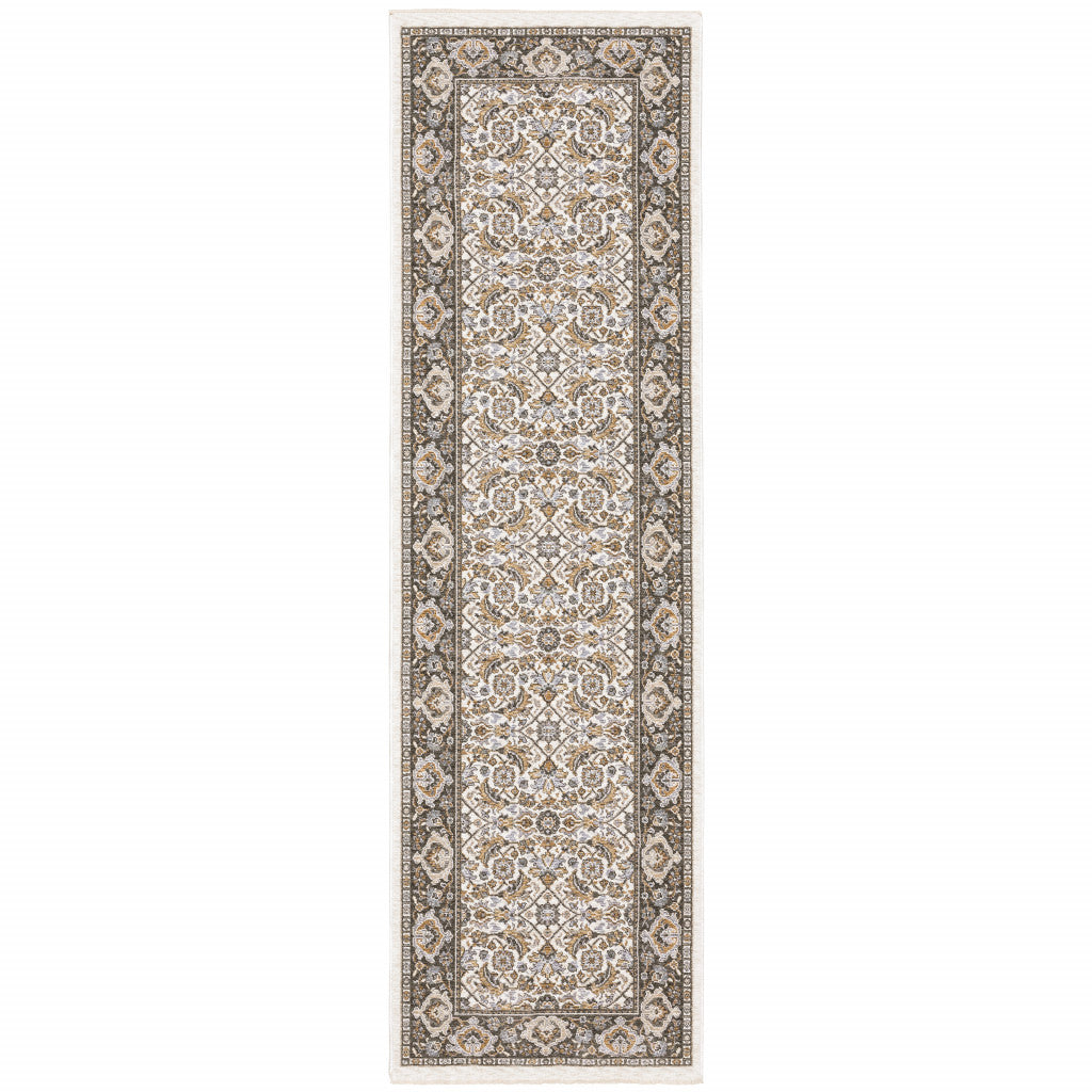 2' X 8' Ivory And Grey Oriental Power Loom Stain Resistant Runner Rug With Fringe