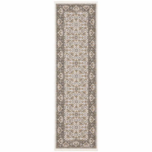 2' X 8' Ivory And Grey Oriental Power Loom Stain Resistant Runner Rug With Fringe