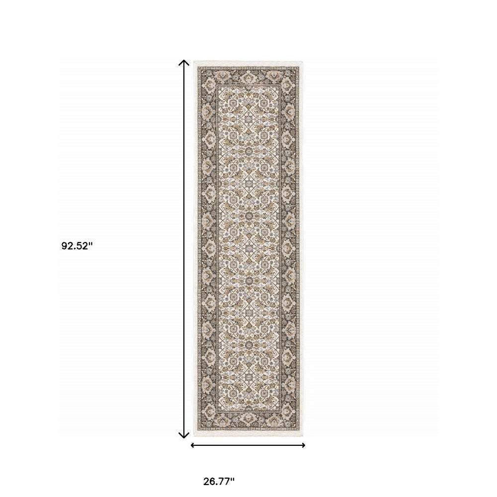 2' X 8' Ivory And Grey Oriental Power Loom Stain Resistant Runner Rug With Fringe