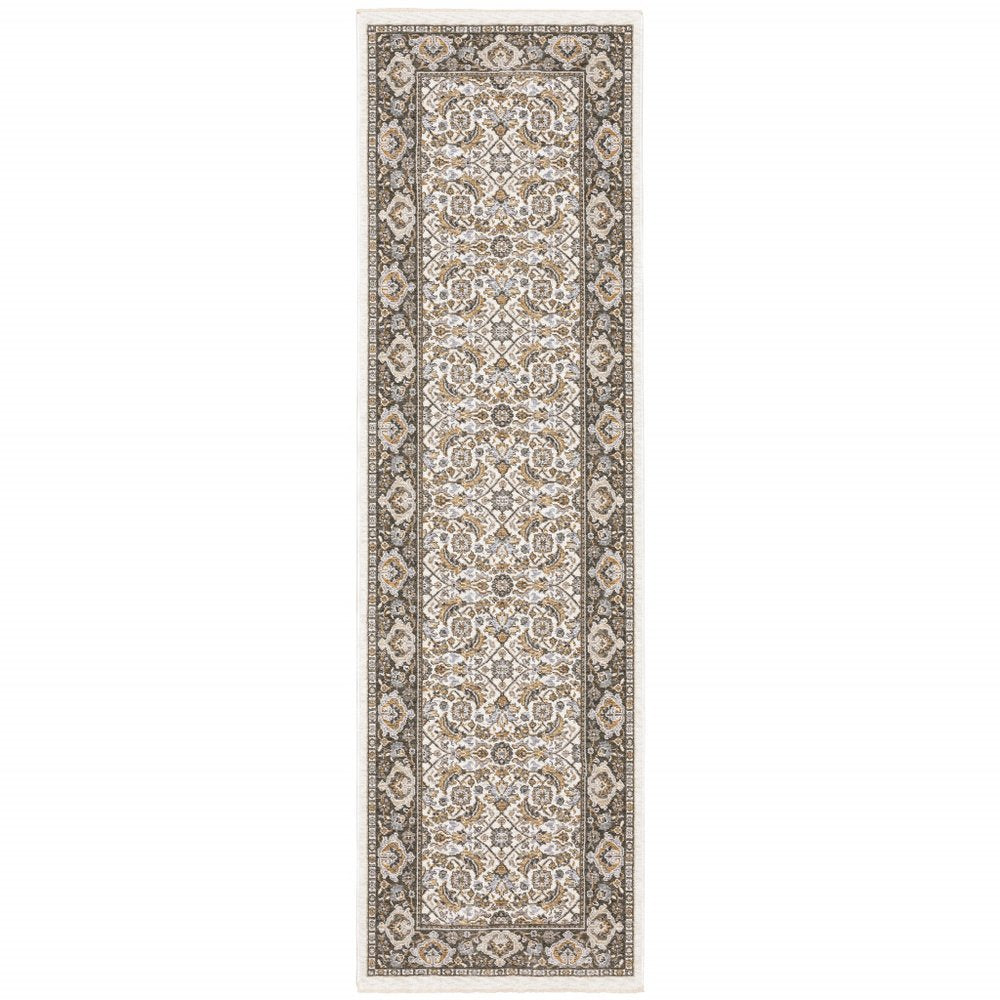 2' X 8' Ivory And Grey Oriental Power Loom Stain Resistant Runner Rug With Fringe