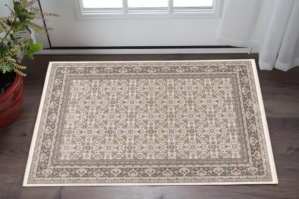 3' X 5' Ivory And Grey Oriental Power Loom Stain Resistant Area Rug With Fringe