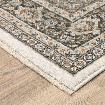 3' X 5' Ivory And Grey Oriental Power Loom Stain Resistant Area Rug With Fringe