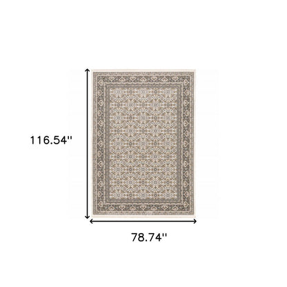 7' X 10' Ivory And Charcoal Oriental Area Rug With Fringe