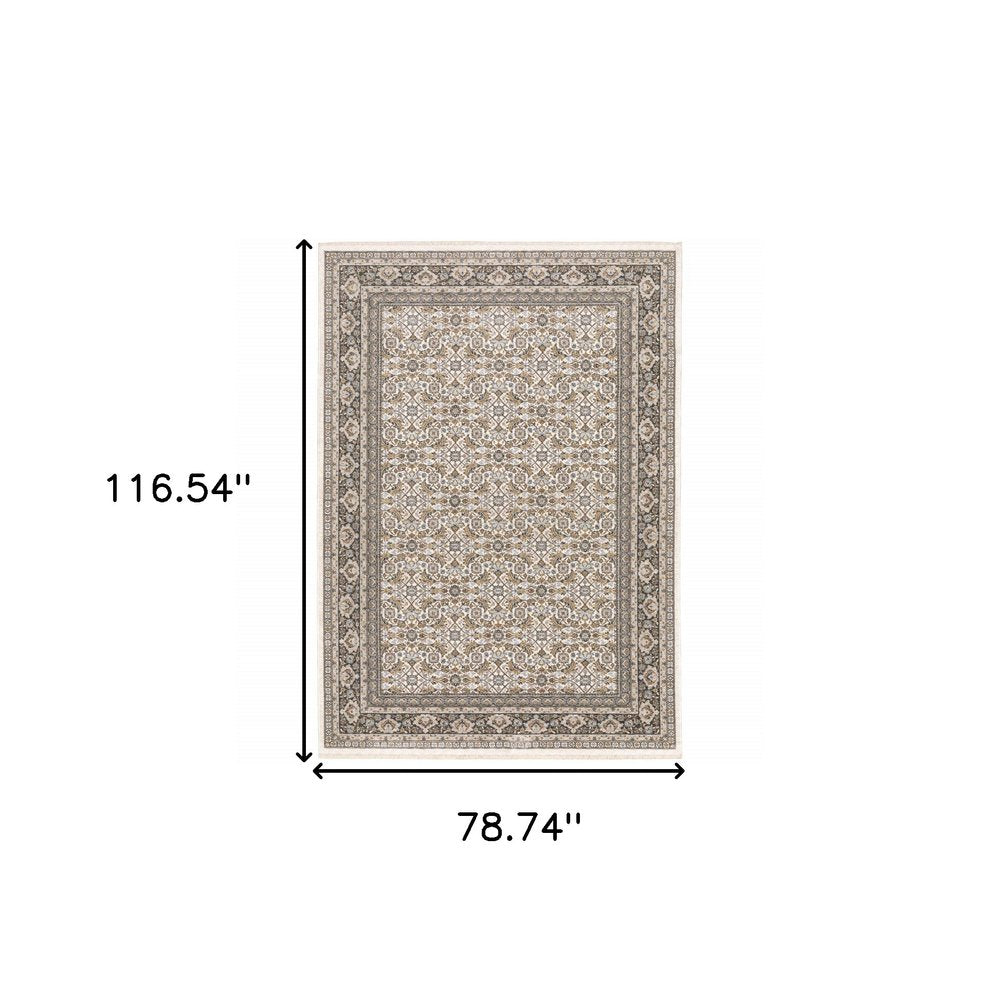 7' X 10' Ivory And Charcoal Oriental Area Rug With Fringe