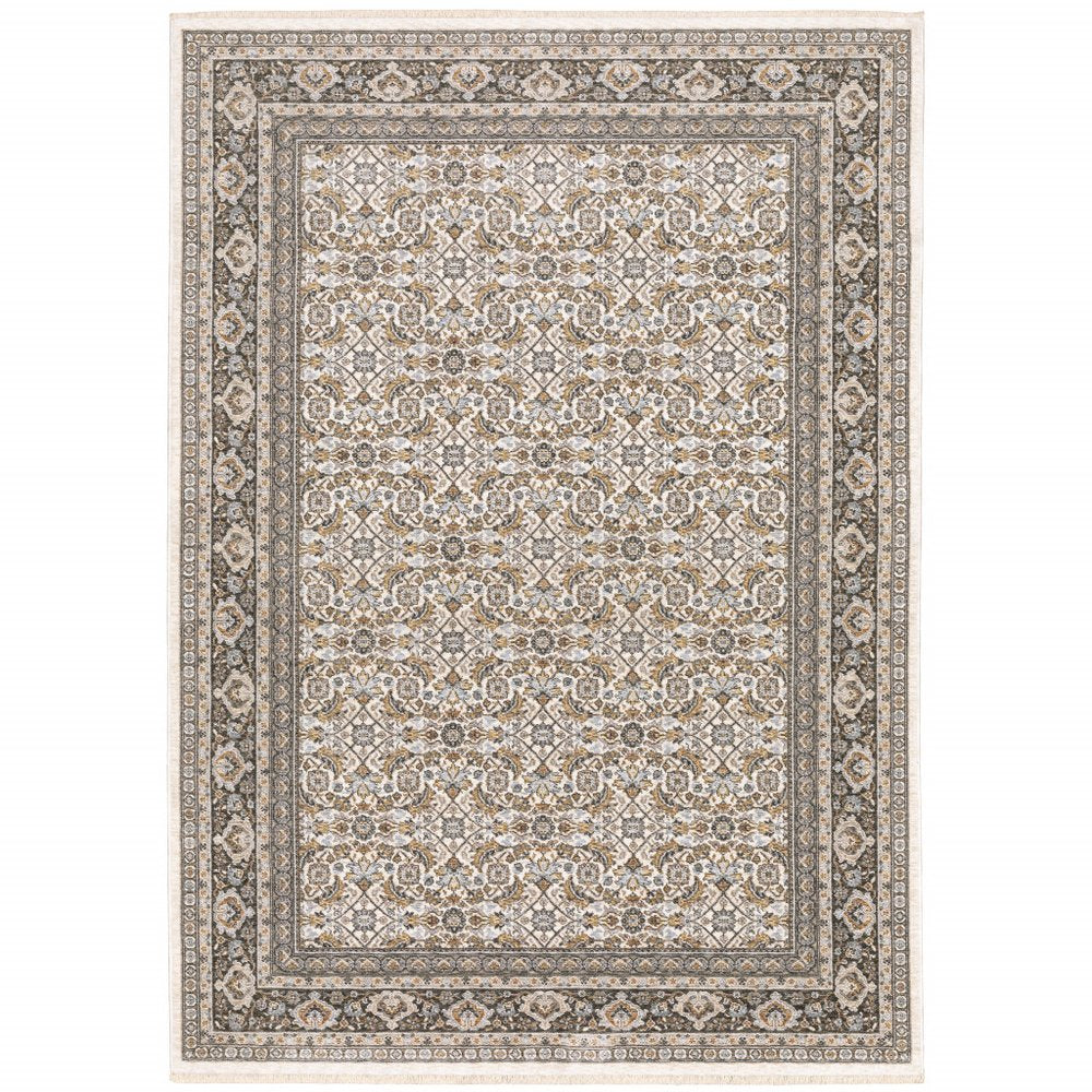 7' X 10' Ivory And Charcoal Oriental Area Rug With Fringe