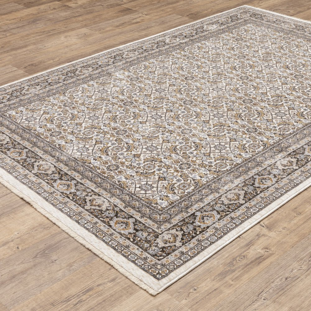 7' X 10' Ivory And Charcoal Oriental Area Rug With Fringe