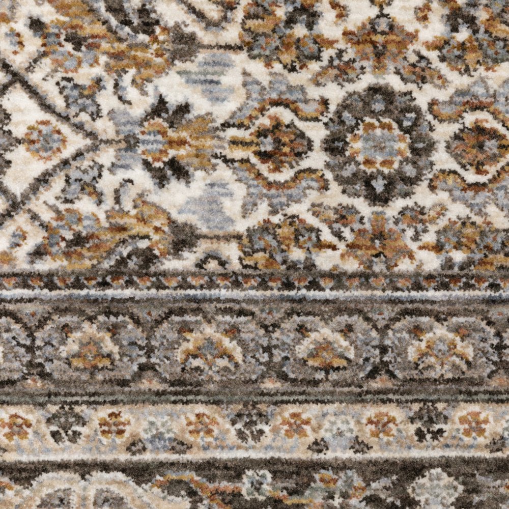 7' X 10' Ivory And Charcoal Oriental Area Rug With Fringe