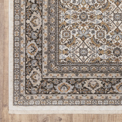 7' X 10' Ivory And Charcoal Oriental Area Rug With Fringe