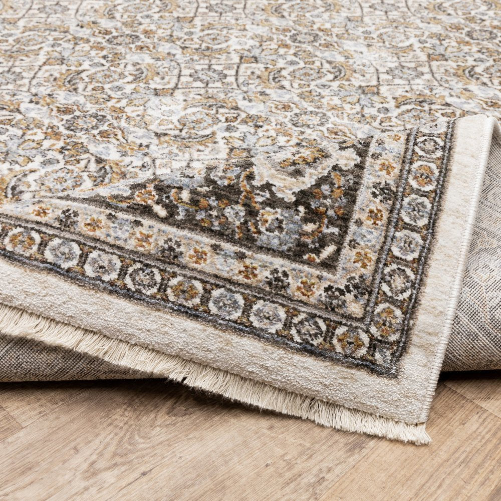 7' X 10' Ivory And Charcoal Oriental Area Rug With Fringe