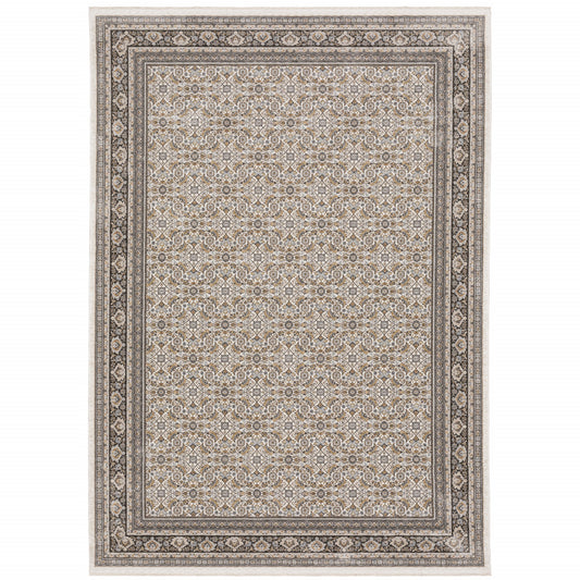 8' X 11' Ivory And Grey Oriental Power Loom Stain Resistant Area Rug With Fringe