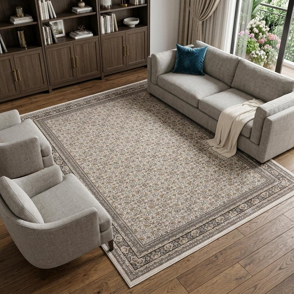 8' X 11' Ivory And Charcoal Oriental Area Rug With Fringe