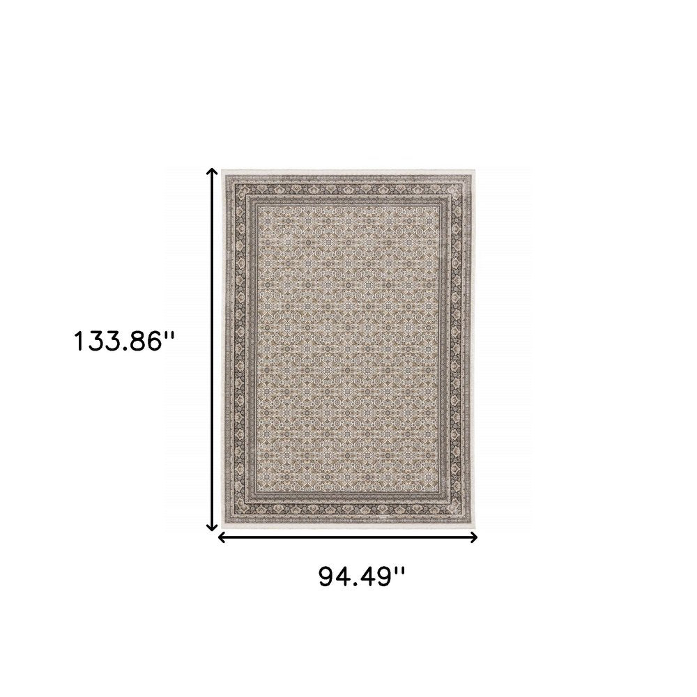 8' X 11' Ivory And Charcoal Oriental Area Rug With Fringe