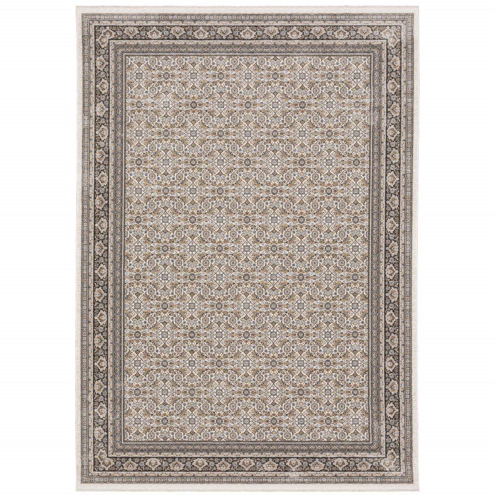 8' X 11' Ivory And Charcoal Oriental Area Rug With Fringe