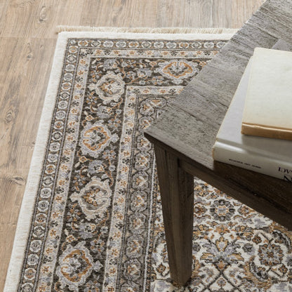 8' X 11' Ivory And Charcoal Oriental Area Rug With Fringe