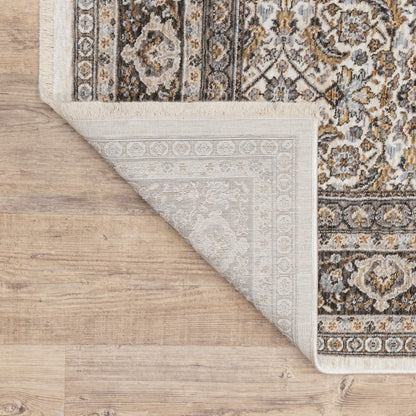 8' X 11' Ivory And Charcoal Oriental Area Rug With Fringe
