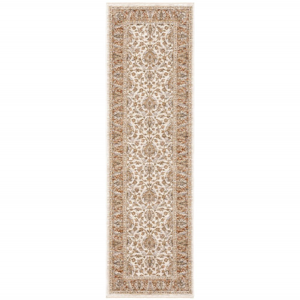 2' X 8' Rust And Ivory Oriental Power Loom Stain Resistant Runner Rug With Fringe