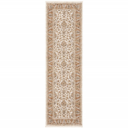 2' X 8' Rust And Ivory Oriental Power Loom Stain Resistant Runner Rug With Fringe