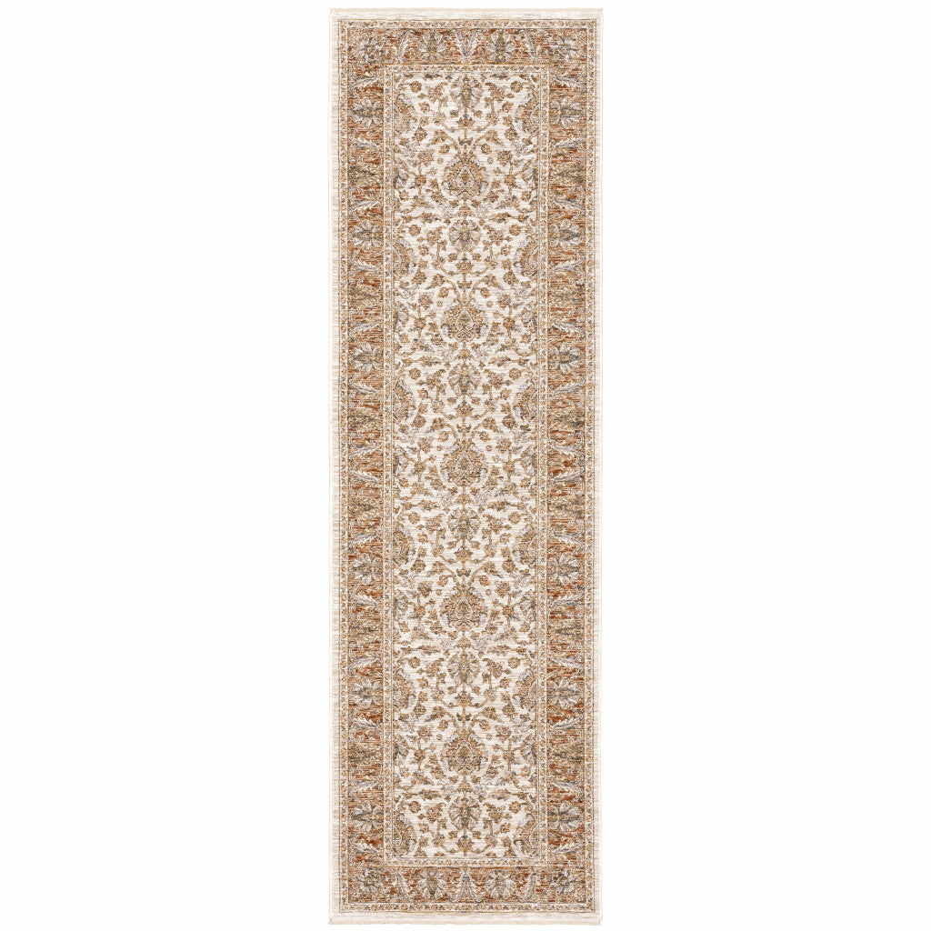 2' X 8' Rust And Ivory Oriental Power Loom Stain Resistant Runner Rug With Fringe