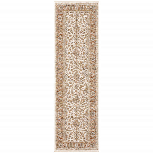 2' X 8' Rust And Ivory Oriental Power Loom Stain Resistant Runner Rug With Fringe