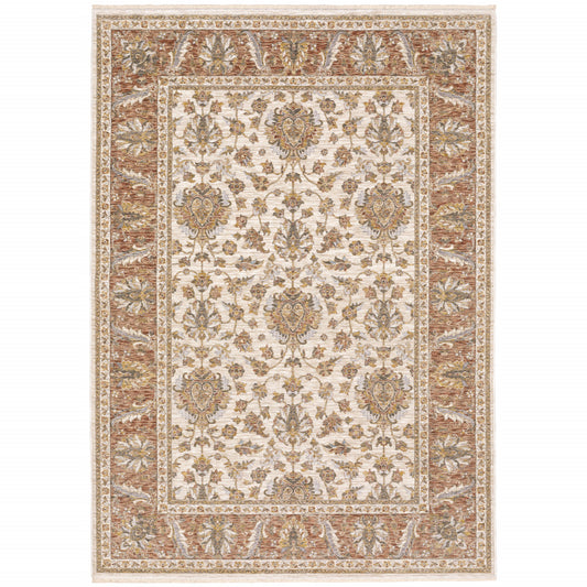 6' X 9' Rust And Ivory Oriental Power Loom Stain Resistant Area Rug With Fringe