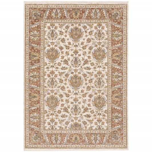 7' X 10' Ivory And Rust Oriental Area Rug With Fringe