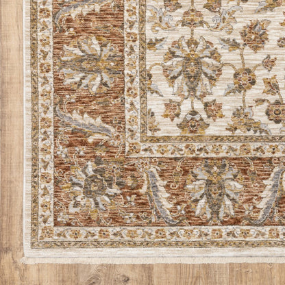 7' X 10' Ivory And Rust Oriental Area Rug With Fringe