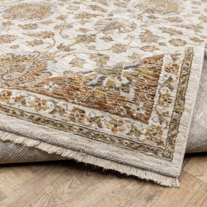 7' X 10' Ivory And Rust Oriental Area Rug With Fringe