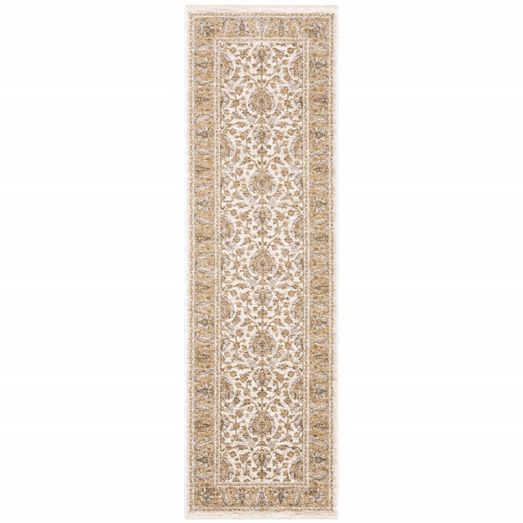 2' X 8' Ivory And Gold Oriental Power Loom Stain Resistant Runner Rug With Fringe