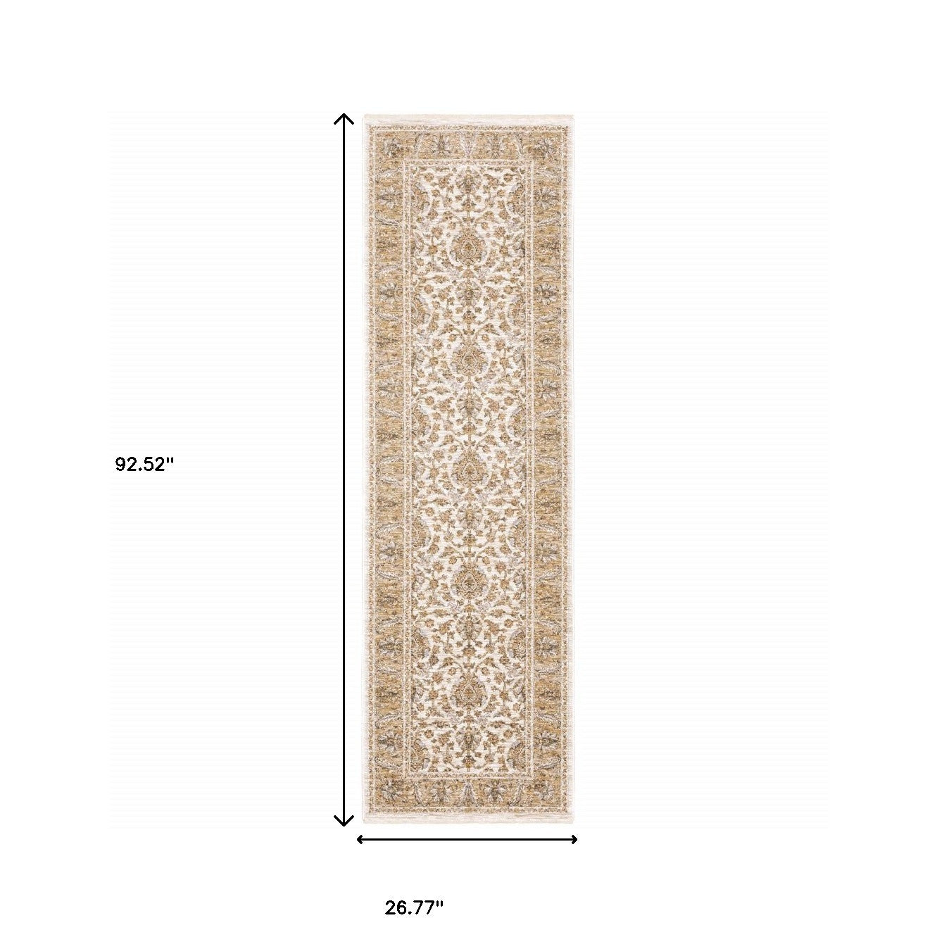 2' X 8' Ivory And Gold Oriental Power Loom Stain Resistant Runner Rug With Fringe