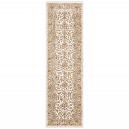 2' X 8' Ivory And Gold Oriental Power Loom Stain Resistant Runner Rug With Fringe