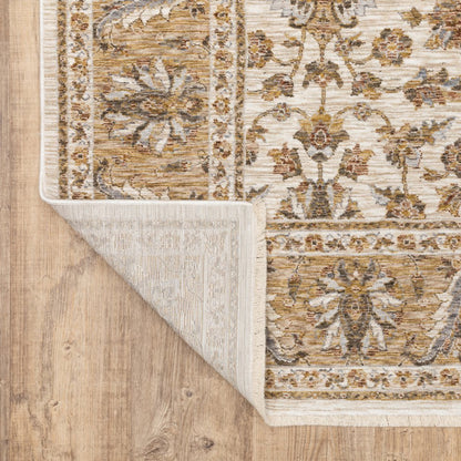 2' X 8' Ivory And Gold Oriental Power Loom Stain Resistant Runner Rug With Fringe