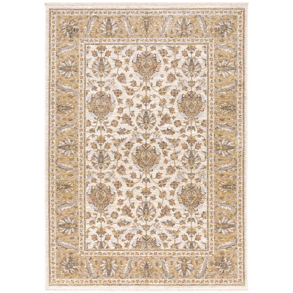 2' X 3' Ivory And Gold Oriental Power Loom Stain Resistant Area Rug With Fringe