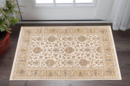 2' X 3' Ivory And Gold Oriental Power Loom Stain Resistant Area Rug With Fringe
