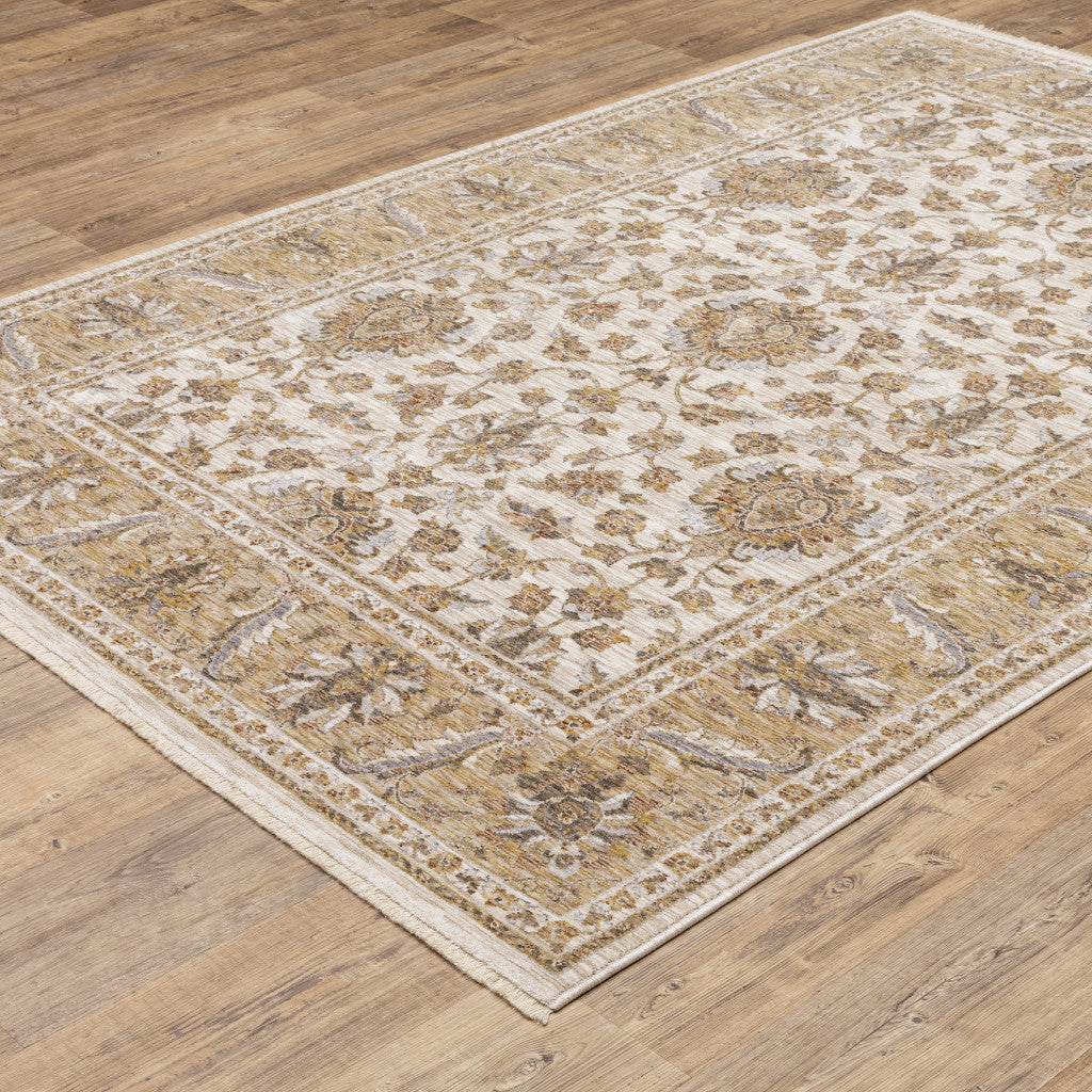 2' X 3' Ivory And Gold Oriental Power Loom Stain Resistant Area Rug With Fringe