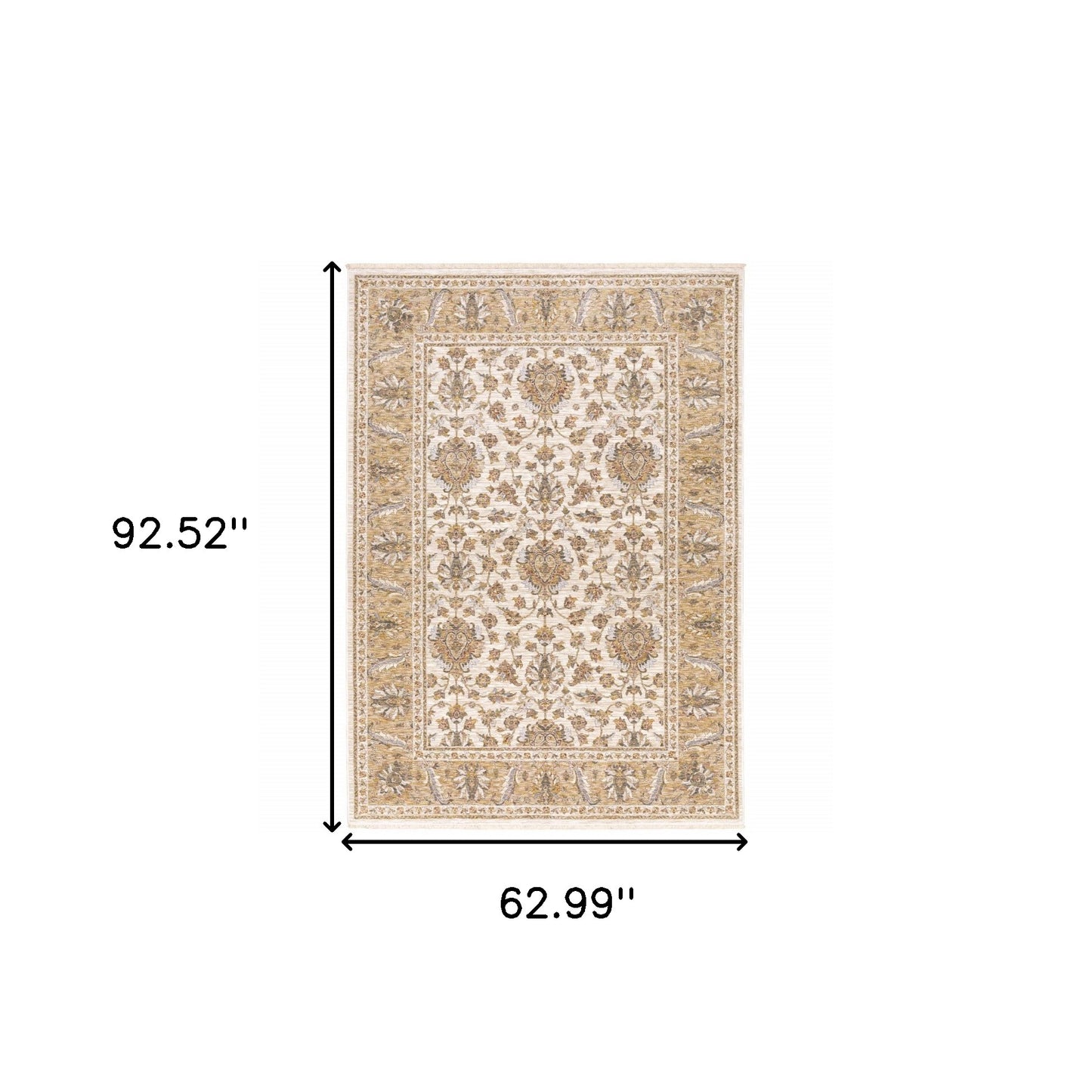 5' X 8' Ivory And Gold Oriental Power Loom Stain Resistant Area Rug With Fringe