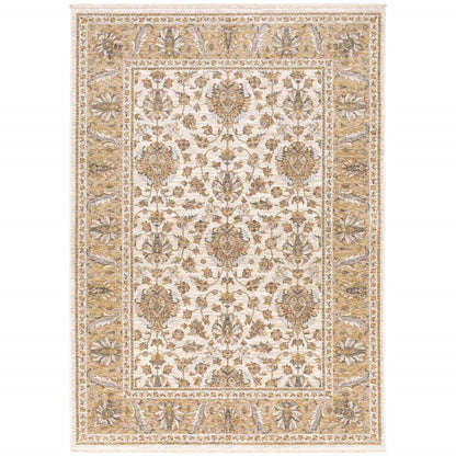 5' X 8' Ivory And Gold Oriental Power Loom Stain Resistant Area Rug With Fringe