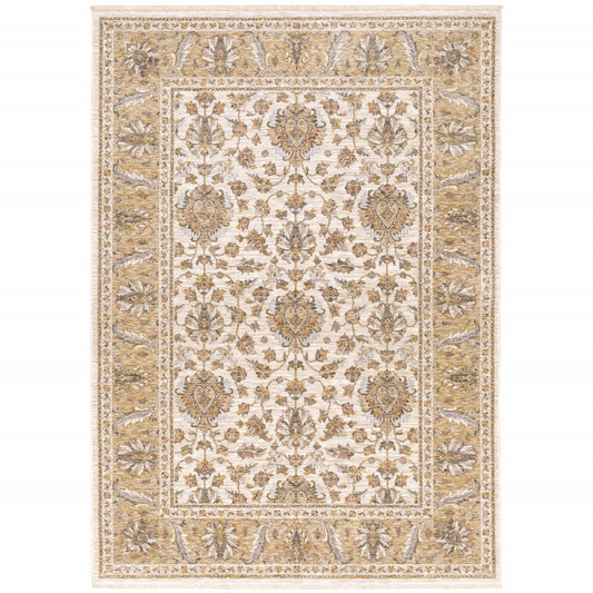 5' X 8' Ivory And Gold Oriental Power Loom Stain Resistant Area Rug With Fringe