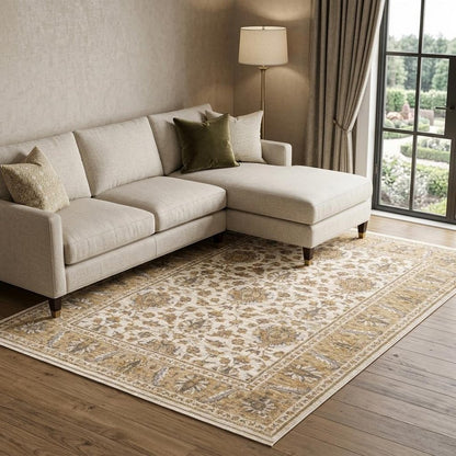 7' X 10' Ivory And Gold Oriental Area Rug With Fringe