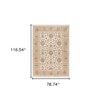 7' X 10' Ivory And Gold Oriental Area Rug With Fringe