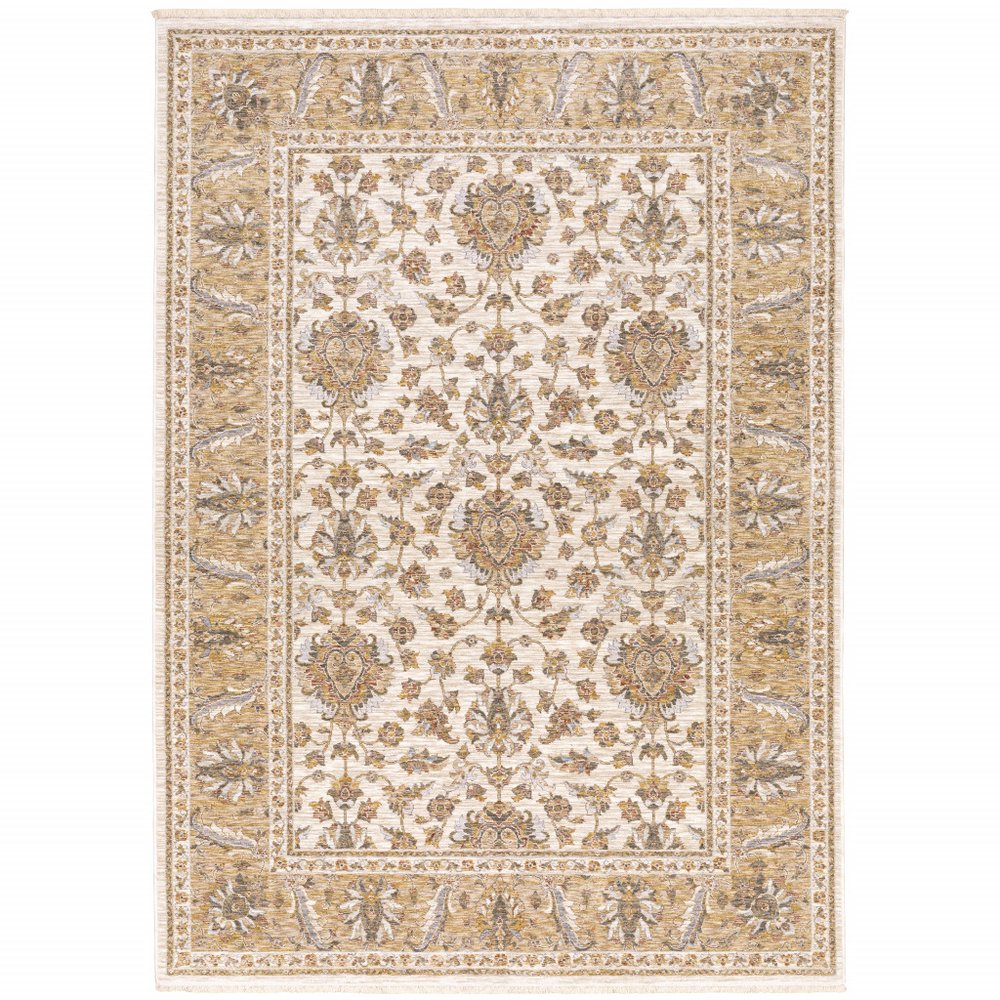 7' X 10' Ivory And Gold Oriental Area Rug With Fringe