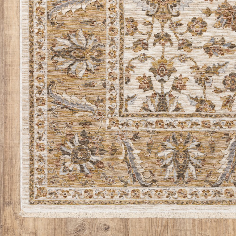 7' X 10' Ivory And Gold Oriental Area Rug With Fringe