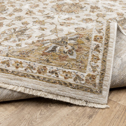 7' X 10' Ivory And Gold Oriental Area Rug With Fringe